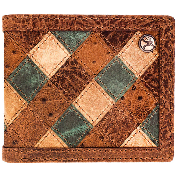 Hooey patch work wallet with denim, natural, and medium dark leather