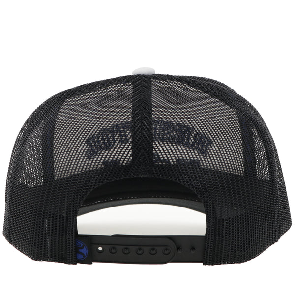 back of white and black resistol x Hooey hat with black mesh and black snap bands