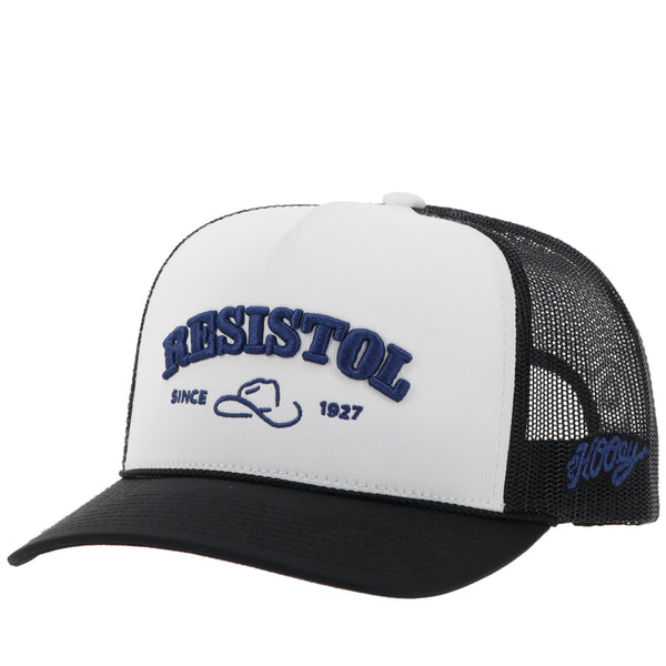 front of black and white Resistol x Hooey hat wit royal blue embroidered patch on front and logo on side