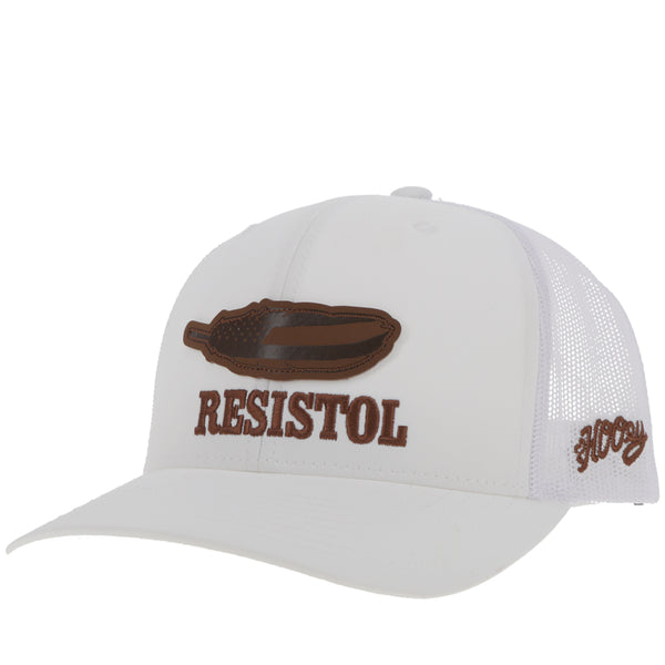 front of white on white Resistol x Hooey hat with white mesh and snap bands, and brown Resistol and feather patch on the front and Hooey logo on the side