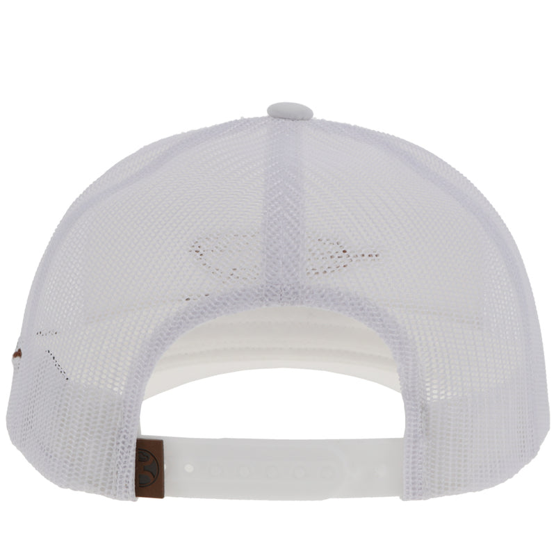 back of white on white Resistol x Hooey hat with white mesh and snap bands