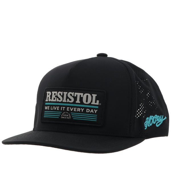 front of black on black Hooey x Resistol hat with grey and teal Resistol patch and Hooey logo