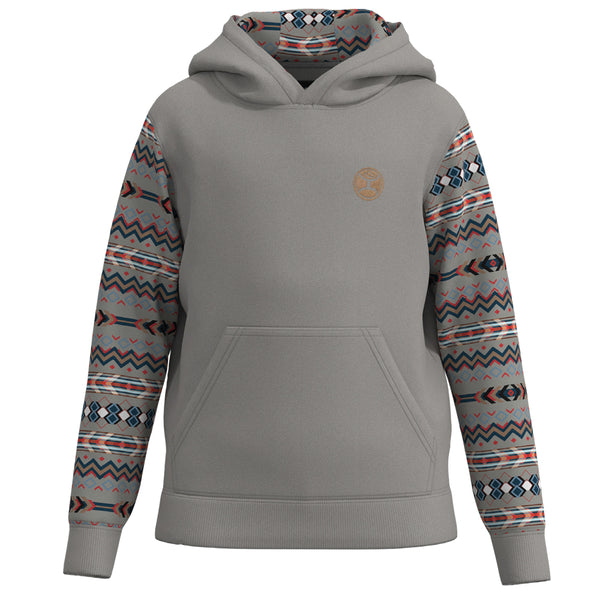 Youth Roughy Summit grey Hoody with red, blue, tan Aztec pattern on sleeves and hood lining