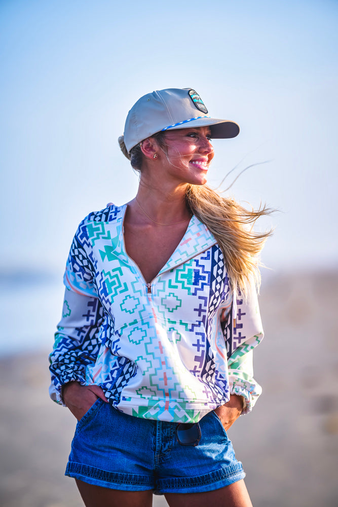 "Mazatlan" Aztec/Cream w/Half Zipper Pullover Hoody