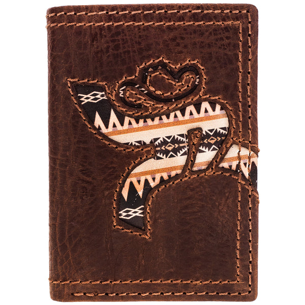 front of dark brown Hooey wallet with multi pattern/color logo cut out