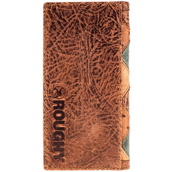 back of patch work bi-fold wallet featuring distressed leather and Hooey logo stamp