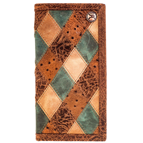 front of patch work Hooey bi-fold wallet with denim, natural, and medium dark leather patches