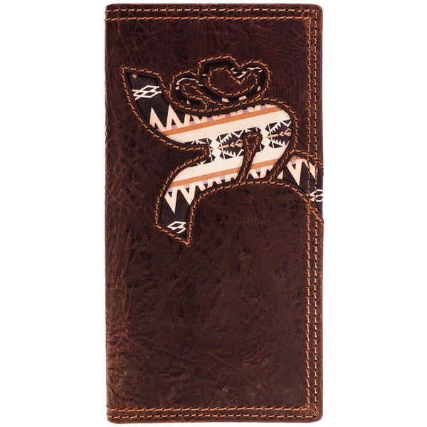 front of dark brow Hooey bi-fold wallet featuring multi colored/pattern logo cut out