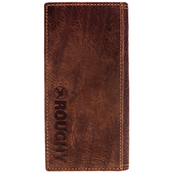 back of dark brown Hooey bi-fold wallet with Hooey logo stamp