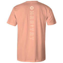 the back of the terracotta t-shirt with the white Habitat logo down the center of the back