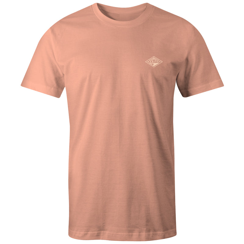 the front of the terracotta t-shirt with a small, white Habitat logo on the collar