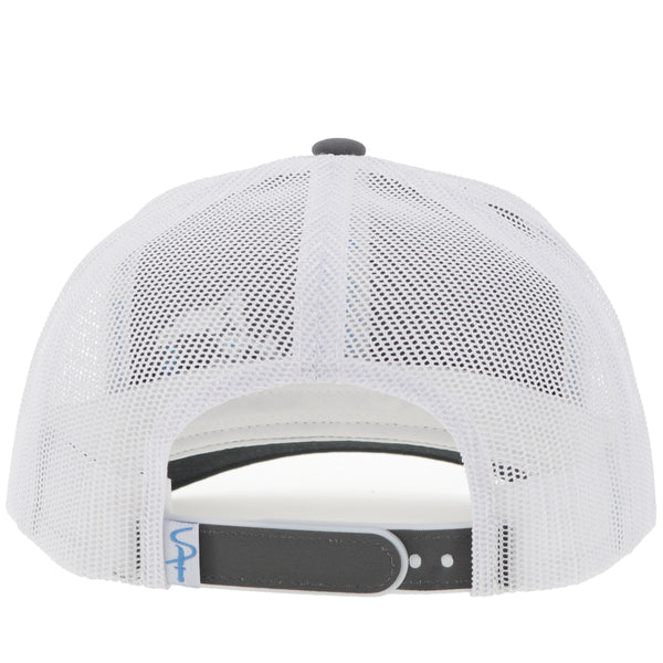 back of white and grey hooey hat with white mesh and grey snap bands