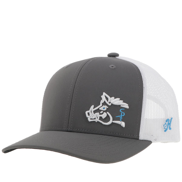 front of grey and white hooey hat with white and blue embossed, hog head, patch, and matching blue H logo on side