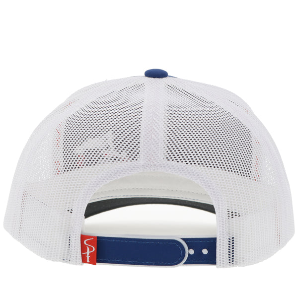 back of white and blue hat with white mesh and blue snap bads