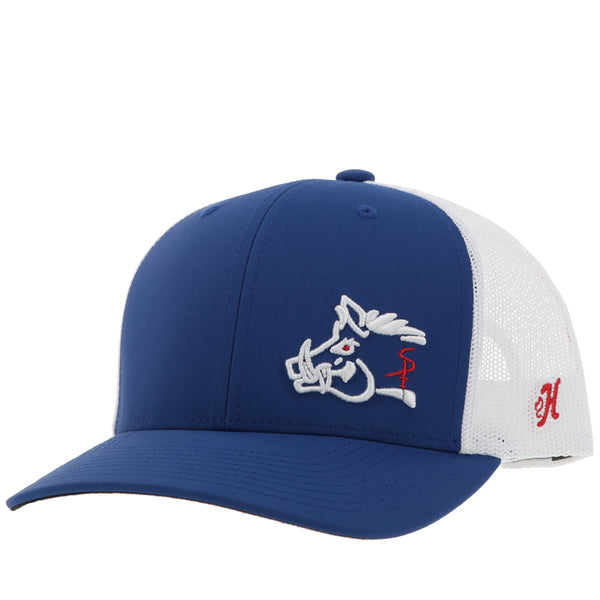 white and blue Hooey hat with white and red embossed, hod head patch on front and matching red H logo on side