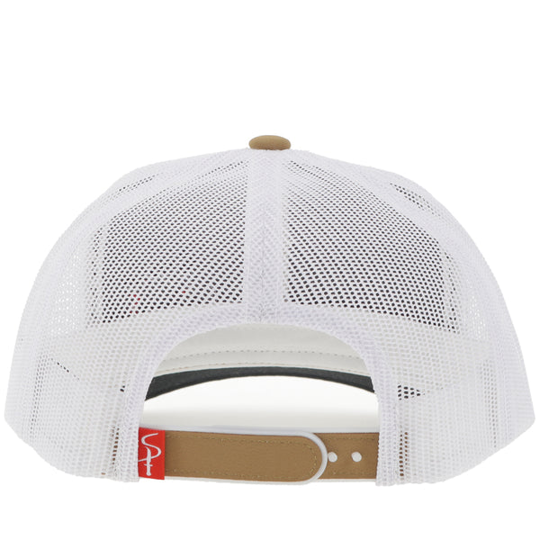 back of tan and white hat with white mesh and tan snap bands