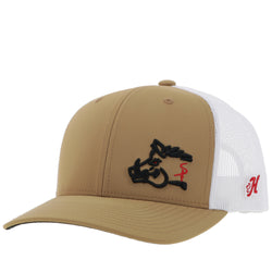 front profile of tan and white hat with white meh, tan front panel and bill and black and red hog head embossed patch