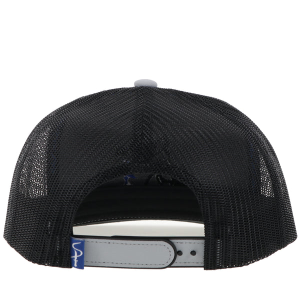 back of black and grey hat with black mesh and grey snap bands