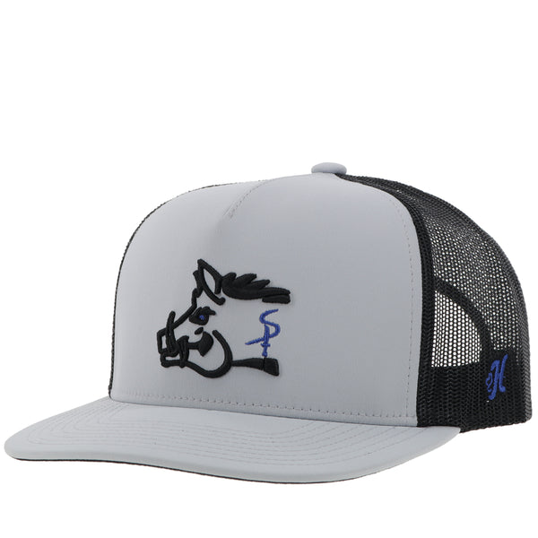front of black and grey hat with black mesh, grey front and bill, and black embroidered, hog head logo patch with blue detailing and matching blue H logo on the side