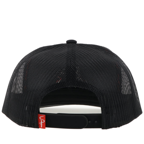 back of black on black Hooey hat with black mesh and snap bands