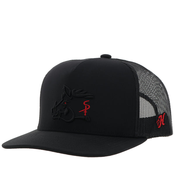 front profile of black on black Hooey hat with black embroidered hog logo with red letter details on patch and matching H logo embroidered on right side