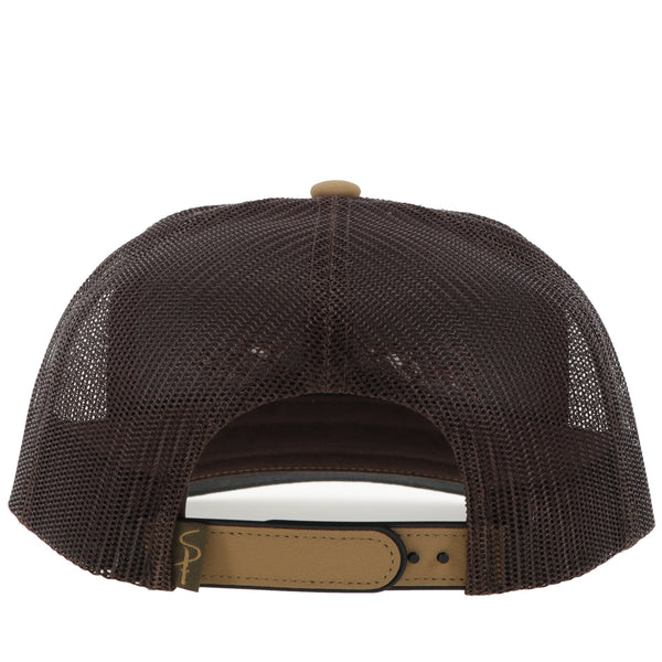 back of brown and tan hat with brown mesh and tan snap bands