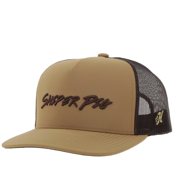 front of brown and tan hat with brown mesh and tan snap bands, tan front panel and bill with brown embossed script patch