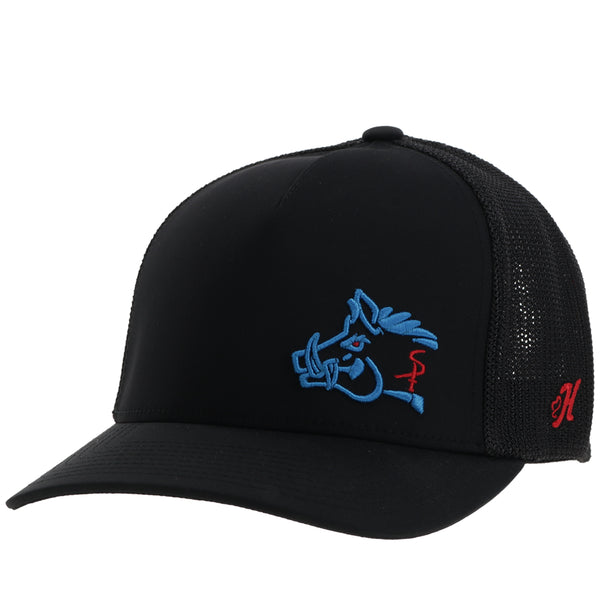 black on black hooey hat with black mesh, blue embroidered hog head logo patch with red detail and matching red H logo on the side