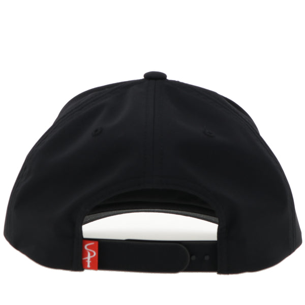 back of black on black hat with black snap bands and red and white tag