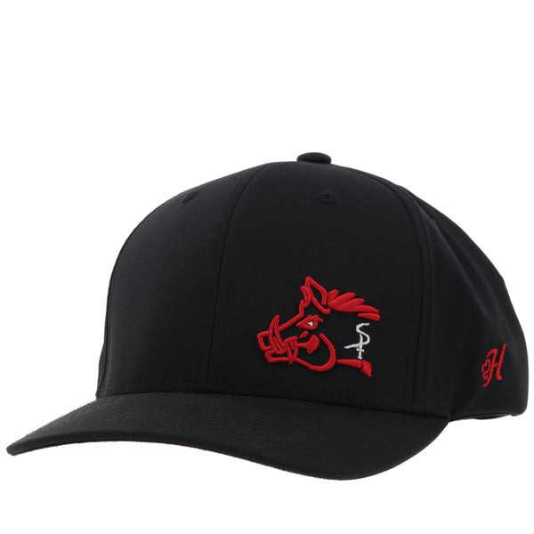 front of black on black flexfit hat with red embossed hog heat patch on far right of front and matching red H logo on side