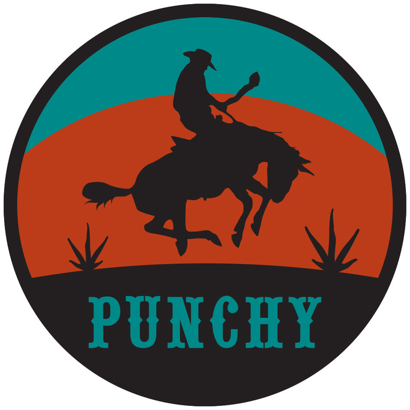 Punchy logo in blue, orange, and black.