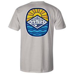 the back of a whtie tee with blue, yellow, orange, and navy blue Habitat logo patch