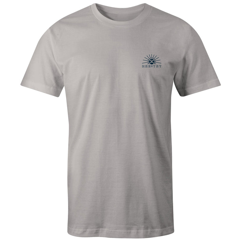 front of white Habitat tee with small, black sunrise logo on the collar