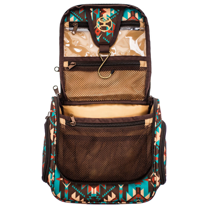 Inside look of blue, brown, red, white Aztec pattern travel bag