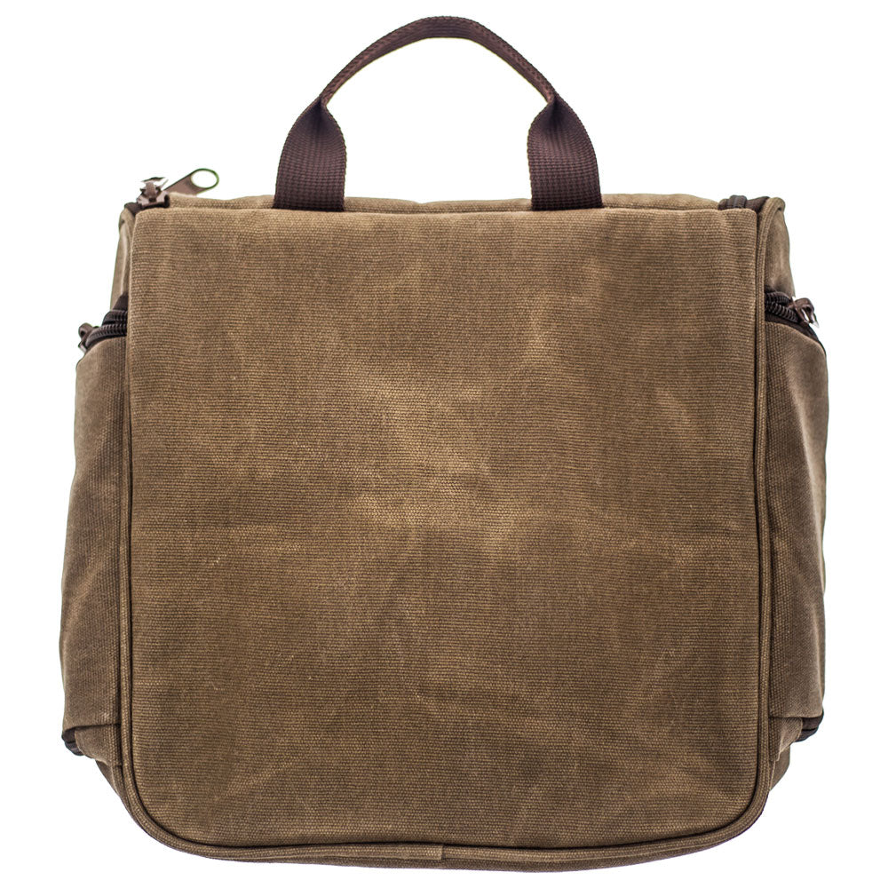 back of heather brown and dark brown travel bag with brown handle