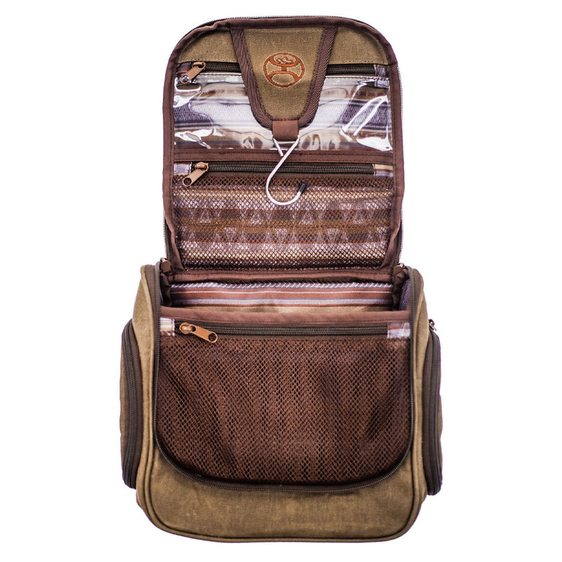 inside look at the heather tan and warm brown travel bag