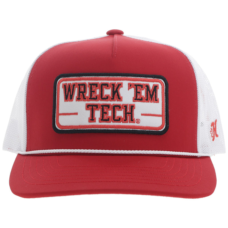 front of red and white Texas Tech x Hooey hat
