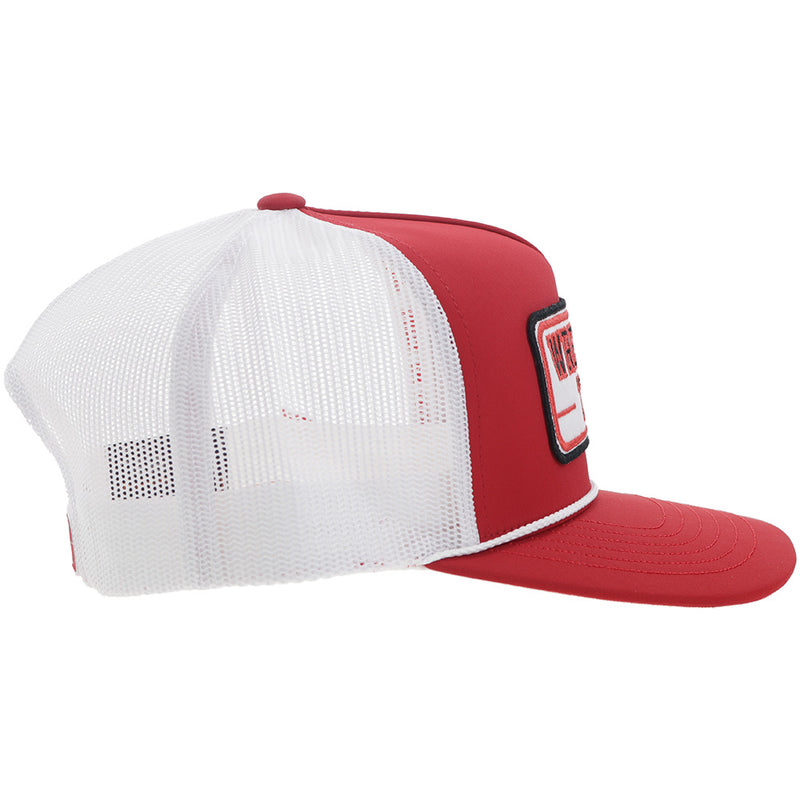 right side of red and white Hooey x Texas Tech hat