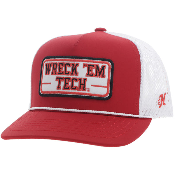 red and white Hooey x Texas Tech hat with red, black, white "wreck 'em tech" logo patch