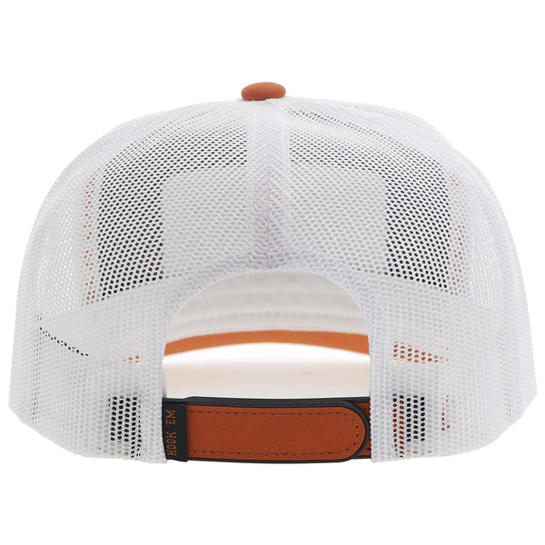back of orange and white hat with white mesh and orange snap bands