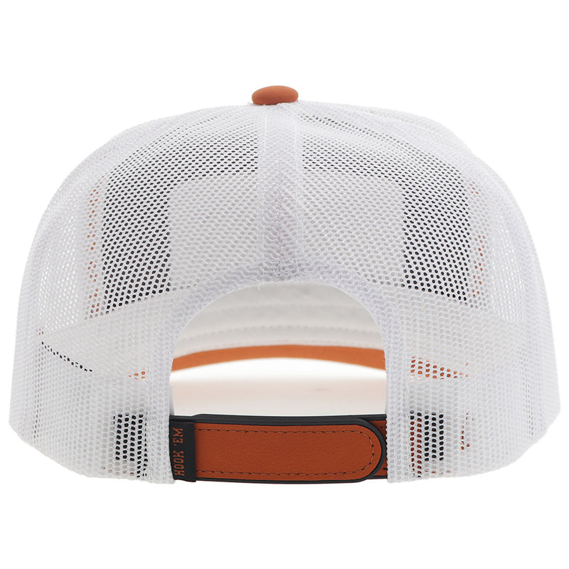 back of orange and white hat with white mesh and orange snap bands