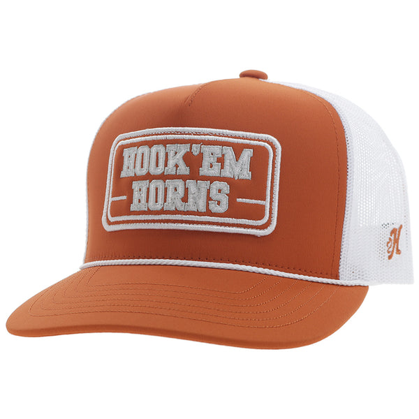 profile of Hook 'em Horns orange and white hat