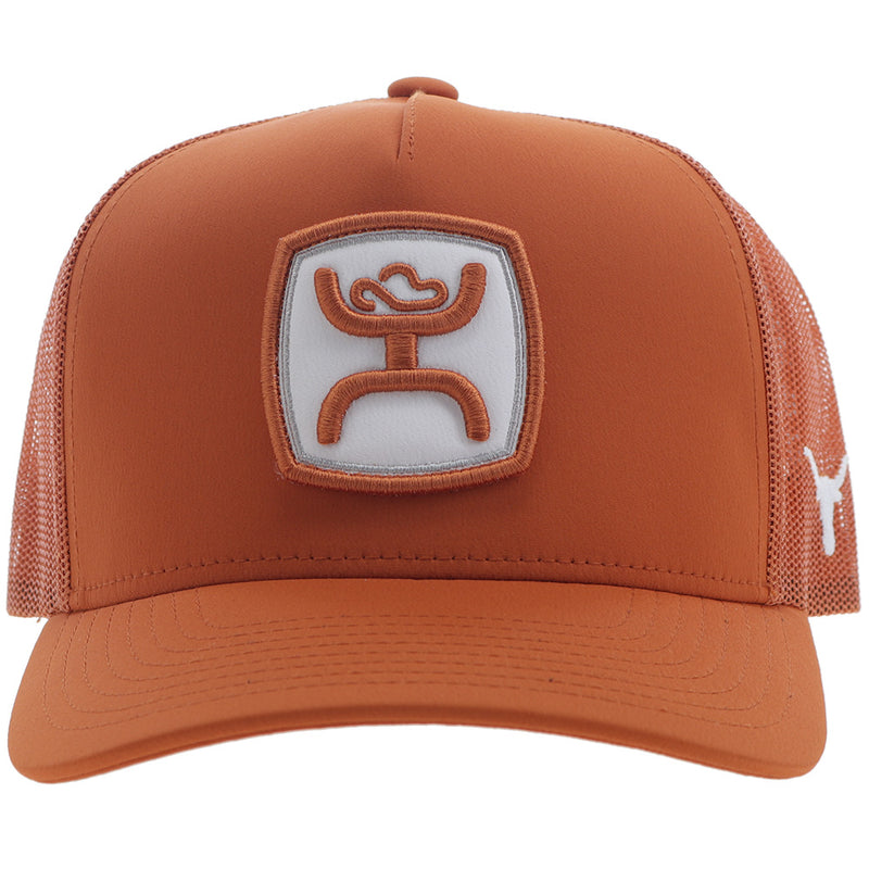 front of orange and white hooey hat with Hooey logo