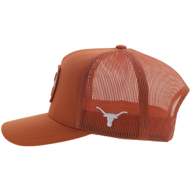 left side of orange Hooey hat with Long horns logo
