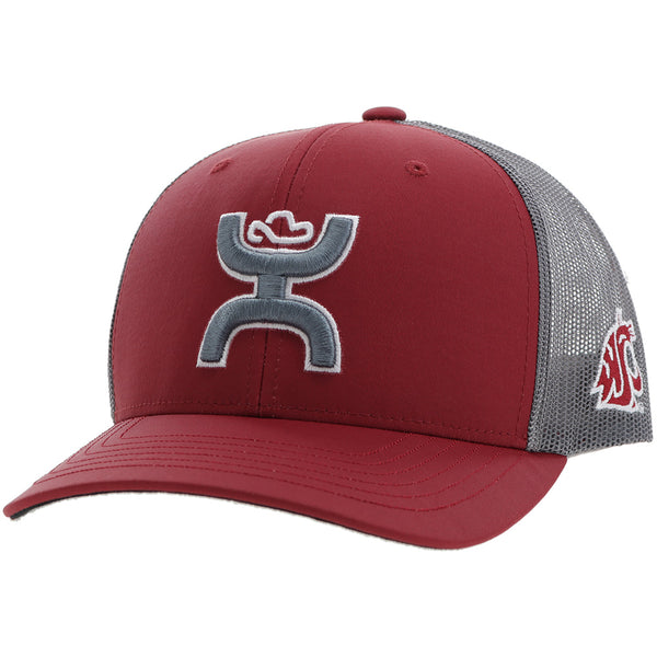 burgundy and grey Hooey hat with grey Hooey logo and mesh and cougars log on side