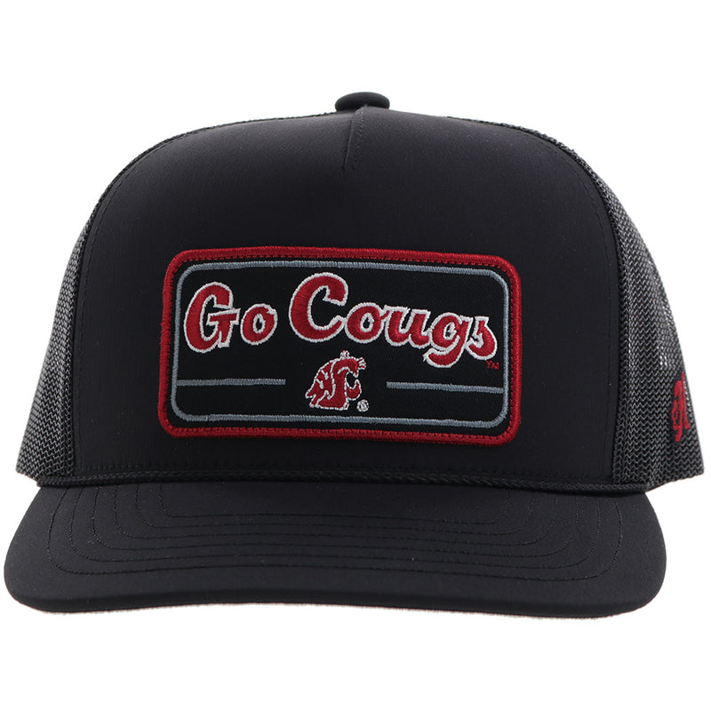 front of Hooey X Washington "Go Cougars" black hat with black, red, white patch