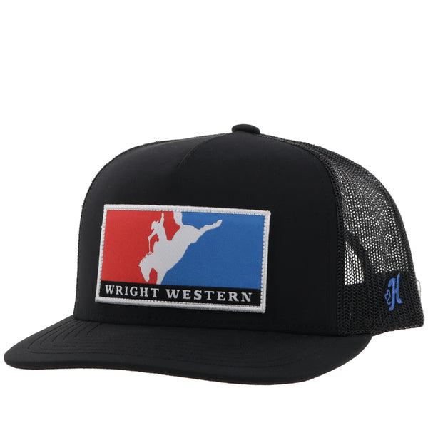 front of black on black Wright Western hat with red, white, and blue patch on front and blue H logo on side