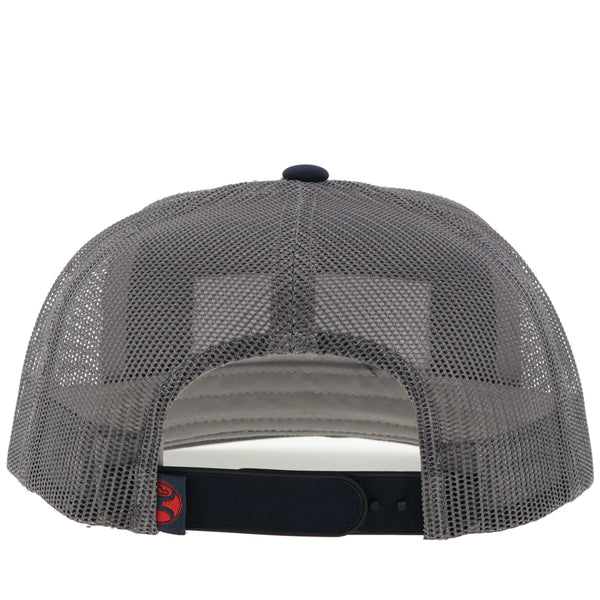 back of black and grey Wright Brother x Hooey hat with grey mesh and black snap bands