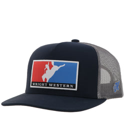 front of black and grey Wright Wester hat with white, red, blue, black patch and blue H logo