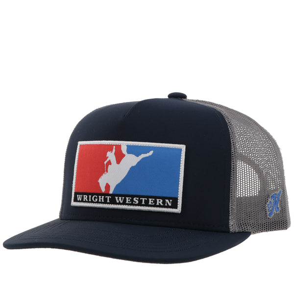 front of black and grey Wright Wester hat with white, red, blue, black patch and blue H logo